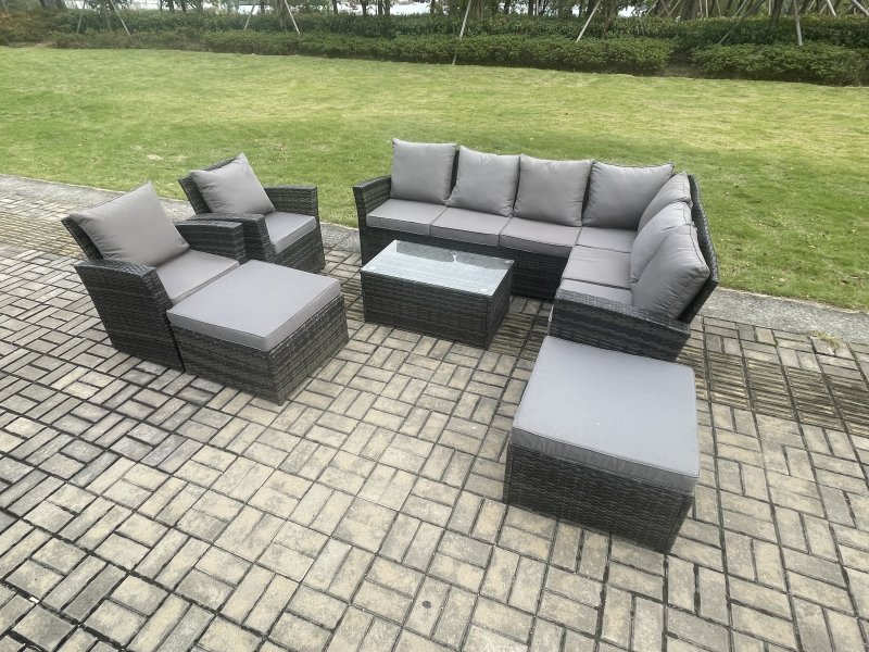 Fimous 10 Seater High Back Outdoor Garden Furniture Set Rattan Corner Sofa Set With Rectangular Coffee Table 2 Big Footstool 2 Armchairs Dark Grey Mixed