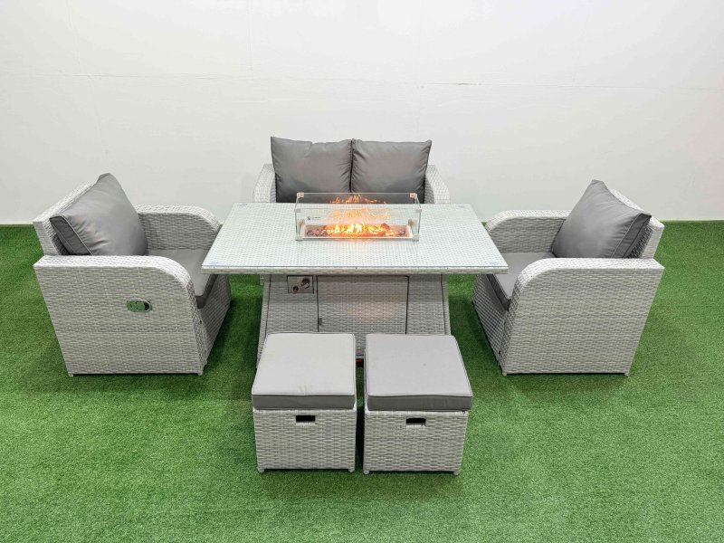 Fimous Light Grey PE Wicker Rattan Garden Furniture Set Sofa Set Reclining Chair Firepit Dining Table 6 Seater 2 Small Stools