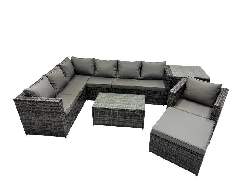 Fimous Outdoor Rattan Rectangular Coffee Table Corner Sofa Sets Garden Furniture Set with Side Table Big Stool Dark Grey Mixed