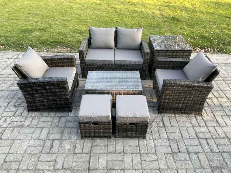 Fimous Outdoor Lounge Sofa Set Wicker PE Rattan Garden Furniture Set with Rectangular Coffee Table Double Seat Sofa Side Table 2 Small Footstools Dark Grey Mixed