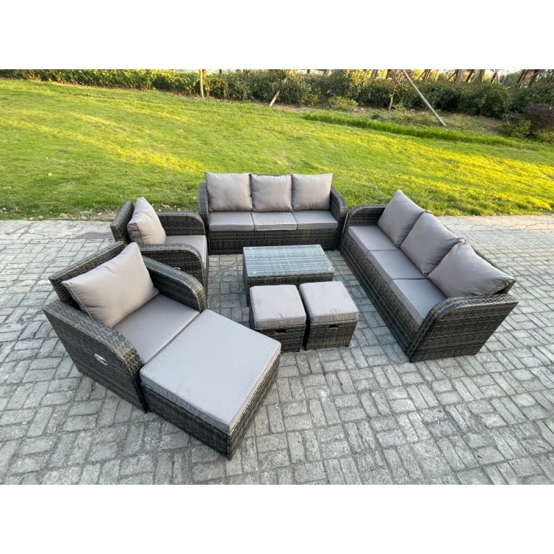 Fimous Rattan Outdoor Garden Furniture Sofa Set Patio Table & Chairs Set with 3 Seater Sofa Reclining Chair 3 Footstools 3 Seater Sofa Dark Grey Mixed