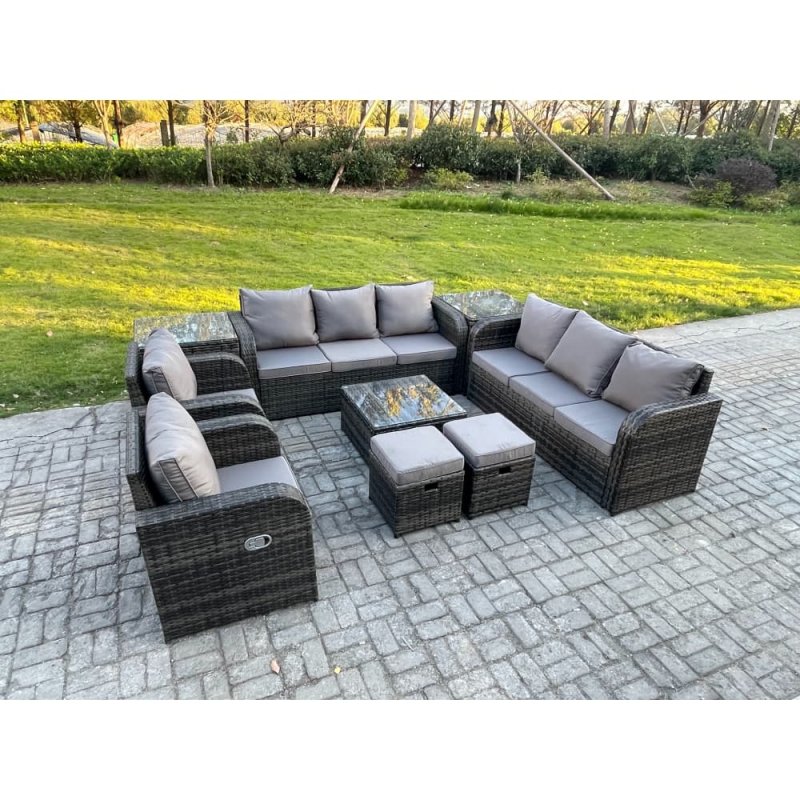Fimous High Back Rattan Garden Furniture Set with Square Coffee Table 2 Small Footstools 2 Side Tables Indoor Outdoor Patio Lounge Sofa Set Dark Grey Mixed