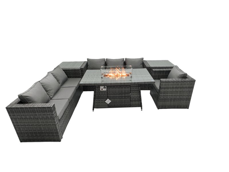 Fimous Rattan Garden Furniture Firepit Dining Set 7 Seater Lounge Sofa Table Set with 2 side table
