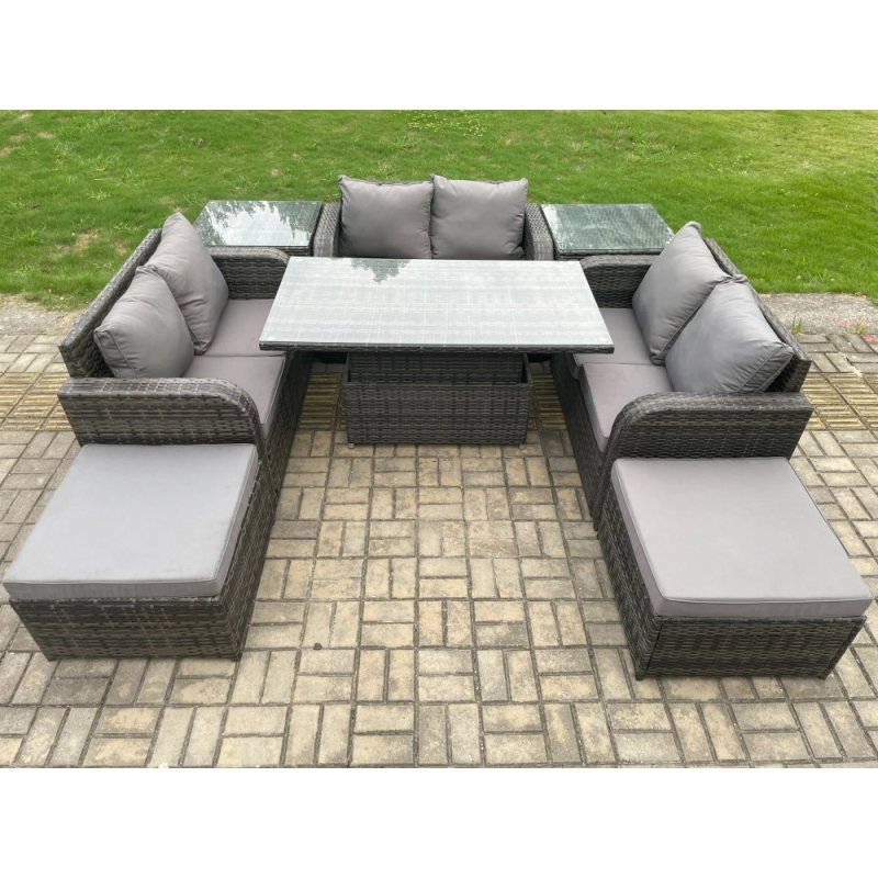 Fimous Rattan Garden Outdoor Furniture 3 PC Love Sofa Set Patio Adjustable Rising lifting Dining Table With 2 Side Tables 2 Big Footstool