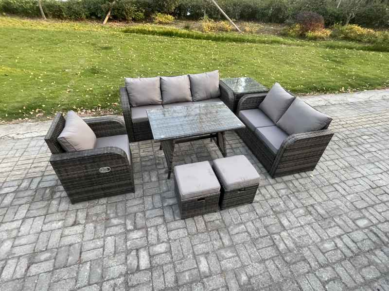Fimous 8 Seater Outdoor Rattan Garden Furniture Set Patio Lounge Sofa Set with Dining Table Side Table 2 Small Footstools Dark Grey Mixed