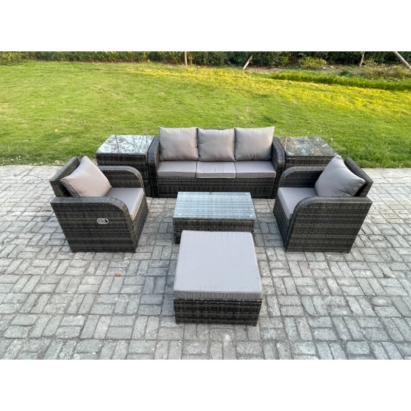 Fimous Outdoor Rattan Garden Furniture Set Patio Lounge Sofa Set with Reclining Chair Rectangular Coffee Table 2 Side Tables Big Footstools Dark Grey Mixed