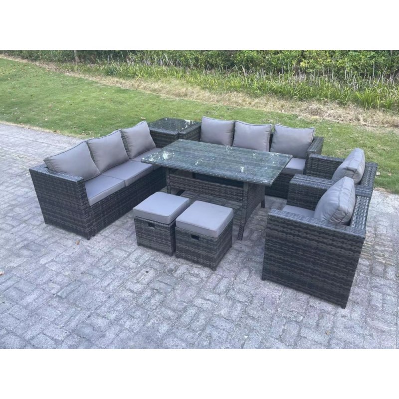 Fimous Outdoor Garden Furniture Rattan Lounge Sofa Set Patio Rectangular Dining Table with 2 Armchair Side Table 2 Small Footstool 10 Seater Dark Grey Mixed