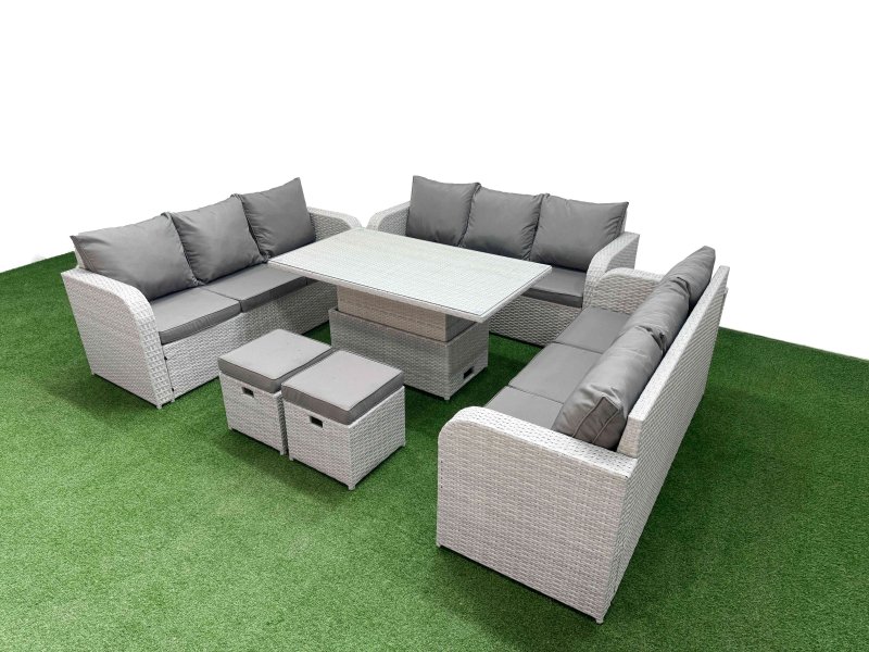 Fimous PE Rattan Lounge Sofa Set 11 Seater Outdoor Garden Furniture Set with Adjustable Lifting Dining or Coffee Table 3 Seater Sofa 2 Stools Light Grey