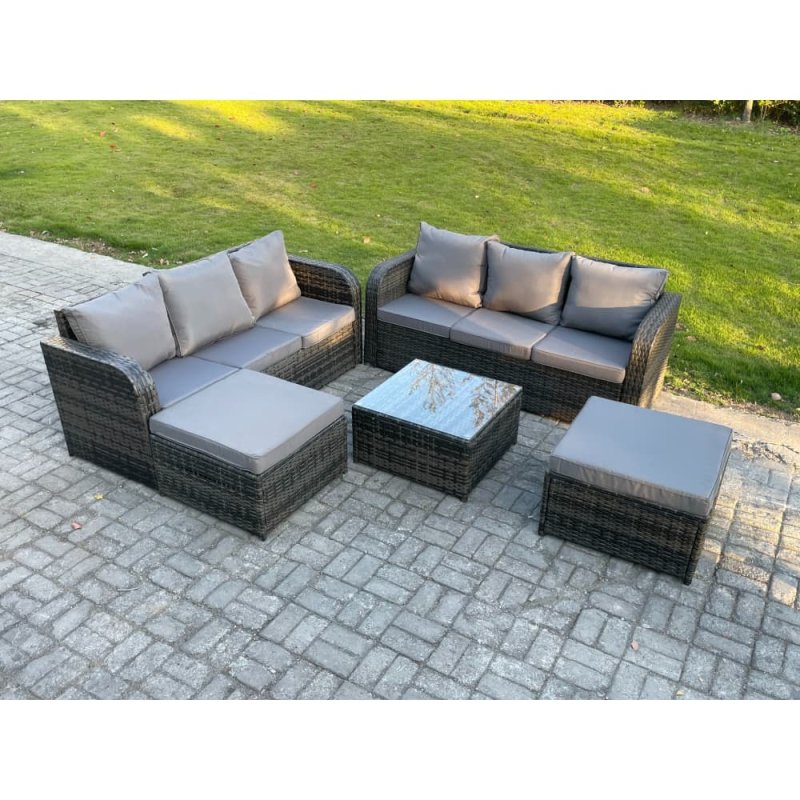 Fimous Indoor Outdoor Rattan Garden Furniture 8 Seater Set Table Sofa Chair Patio Conservatory with Grey Cushions 2 Big Footstool