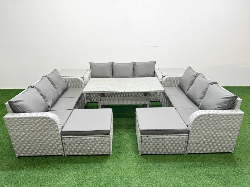 Fimous PE Rattan Lounge Sofa Set 11 Seater Outdoor Garden Furniture Set with Rectangular Dining Table 3 Seater Sofa 2 Big Footstools 2 Side Table Light Grey