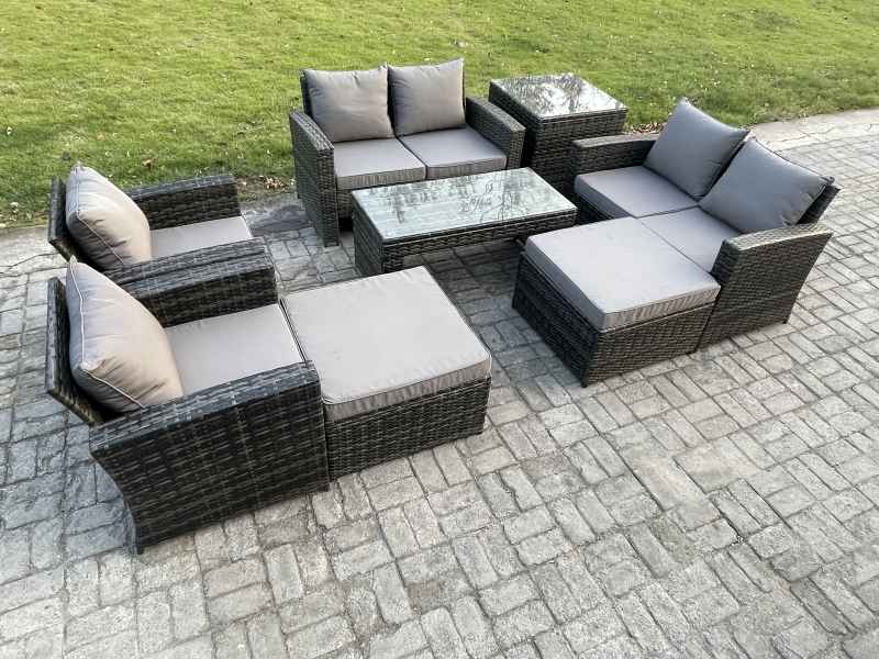 Fimous 8 Seater Outdoor Rattan Patio Furniture Set Garden Lounge Sofa Set with Armchairs Side Table 2 Big Footstool Coffee Table Dark Grey Mixed