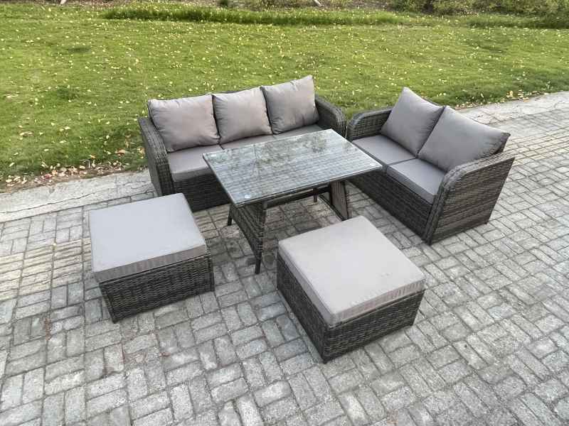 Fimous High Back PE Rattan Sofa Set Outdoor Garden Furniture Dining Table Set Love Sofa 3 Seater Sofa 2 Big Footstool
