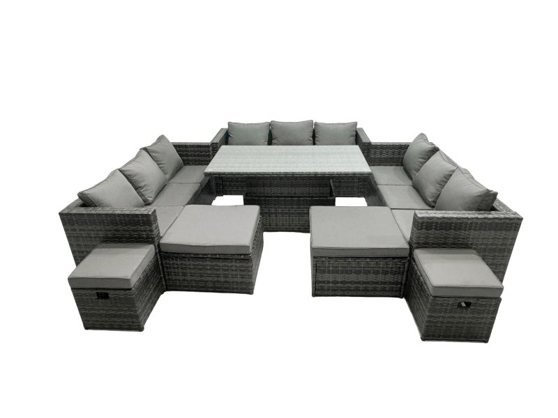 Fimous Rattan Dining Table Sofa Set with 4 Stools Outdoor 13 Seat Garden Furniture Set Dark Grey Mixed