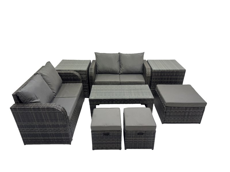Fimous 3 Seater Sofa Reclining Chair Coffee Table Set Rattan Garden Outdoor Furniture Set with 2 Side Tables 3 Stools Dark Grey Mixed