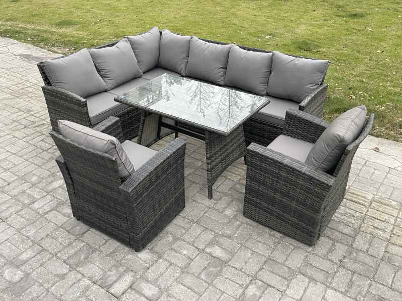 Fimous Wicker Rattan Garden Furniture Corner Sofa Set with Oblong Dining Table 2 Armchairs 8 Seater Outdoor Rattan Set Dark Grey Mixed