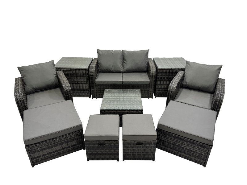Fimous Rattan Garden Outdoor Furniture Set Love Sofa Square Coffee Table Set with 4 Stools 2 Side Table Dark Grey Mixed