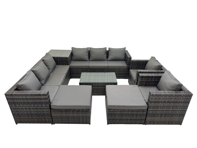 Fimous 10 Seater Garden Outdoor Rattan Furniture Set Patio Corner Sofa Rectangular Coffee Table with 2 Big Stools Side Table Dark Grey