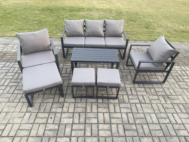 Fimous Aluminium 7 Pieces Garden Furniture Sofa Set with Cushions 8 Seater Outdoor Patio Set with 2 Armchair 3 Footstools Dark Grey