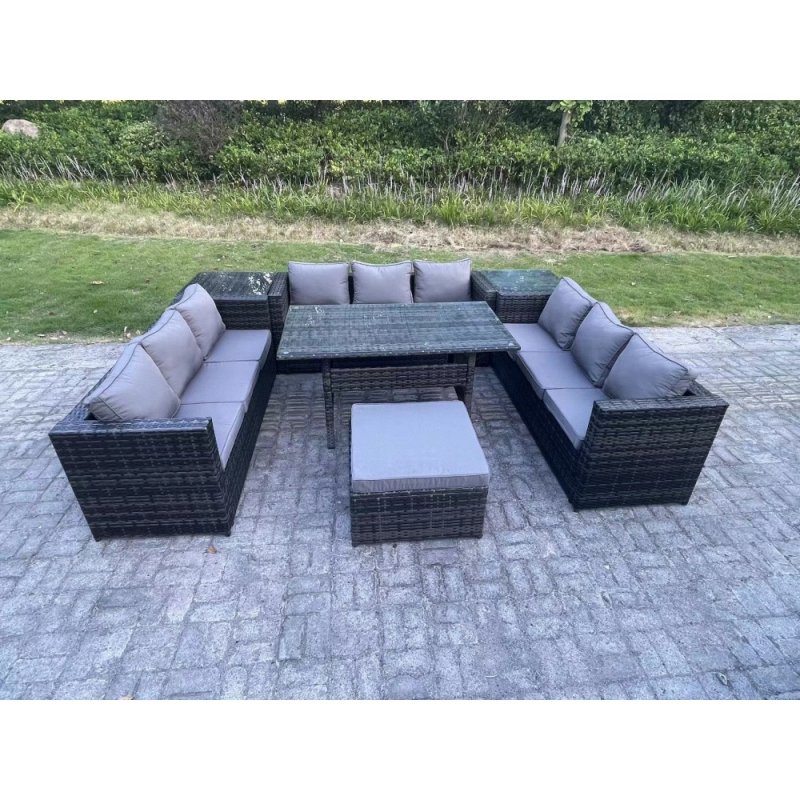 Fimous Outdoor PE Wicker Garden Furniture Rattan Lounge Sofa Set Patio Rectangular Dining Table with Big Footstool 2 Side Table 10 Seater Dark Grey Mixed