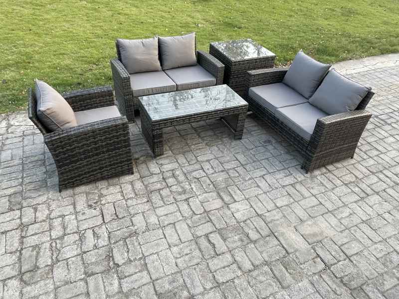 Fimous 5pcs Rattan Outdoor Garden Furniture Sofa Set with Coffee Table Side Table Dark Grey Mixed