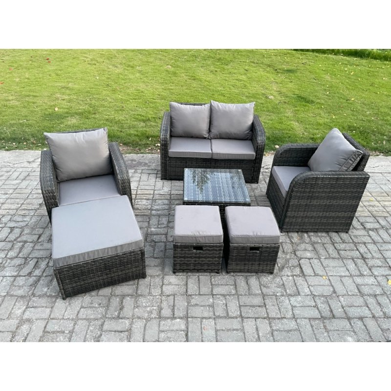 Fimous Rattan Garden Furniture Set Patio Conservatory Indoor Outdoor 7 Piece Set with Love Sofa Square Coffee Table 3 Footstools