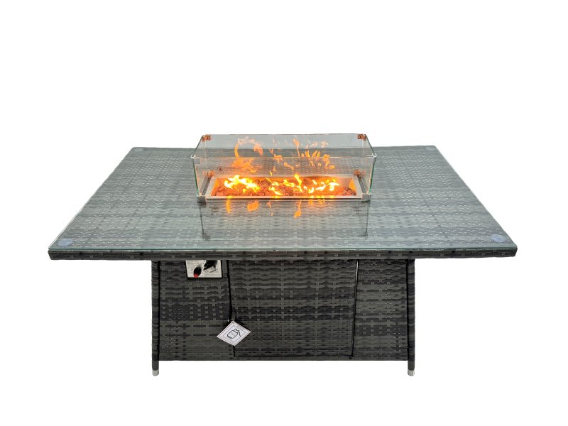 Fimous Outdoor Love Sofa Set 8 Seat Rattan Garden Furniture Set with Gas Firpit Dining Table 4 Footstools 2 Side Table Dark Grey Mixed