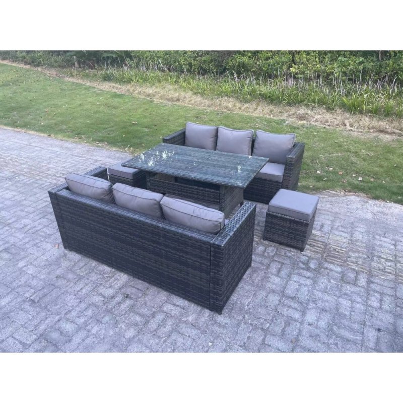 Fimous PE Wicker Outdoor Garden Furniture Set Patio Rattan Rectangular Dining Table Lounge Sofa with 2 Small Footstool 8 Seater Dark Grey Mixed