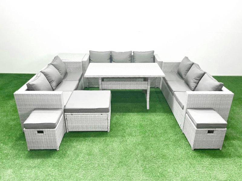 Fimous Rattan Garden Outdoor Furniture Set 12 Seater Garden Sofa Rectangulr Dining Table Set with 3 Footstools Side Table Light Grey Mixed