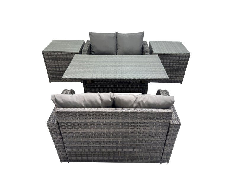 Fimous 4 Seat Outdoor Wicker PE Rattan Garden Furniture Set Dining Table Sofa Sets with 2 Side Tables Dark Grey Mixed