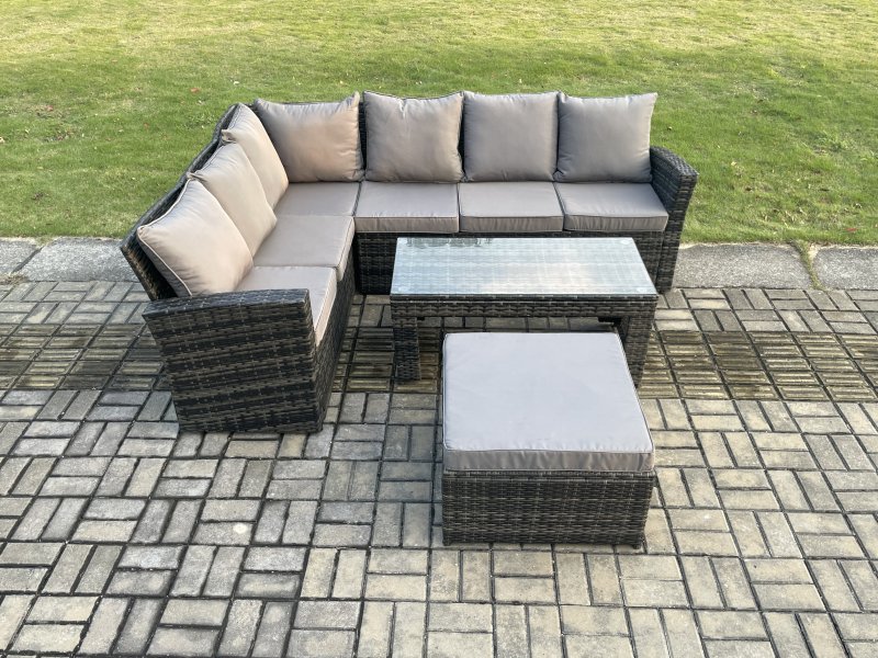 Fimous 7 Seat Rattan Garden Furniture Corner Sofa Set Outdoor Patio Sofa Table Set with Big Footstool Dark Grey Mixed