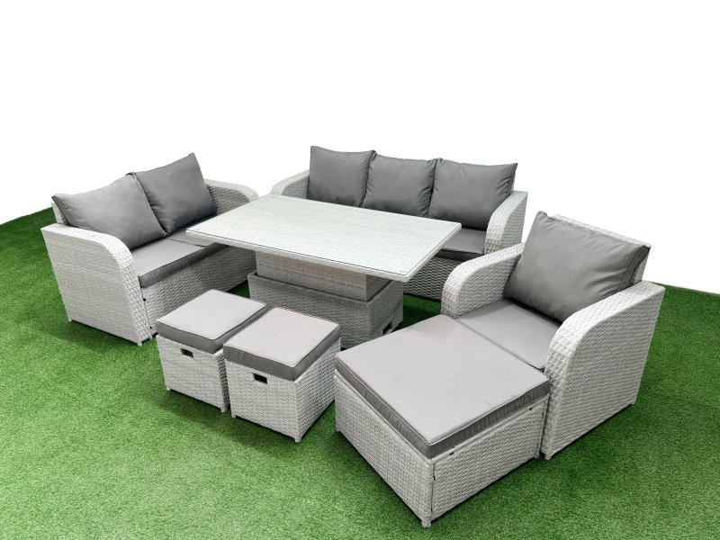 Fimous Patio PE Wicker 9 Seater Outdoor Rattan Furniture Sofa Sets with Adjustable Lifting Dining or Coffee Table Reclining Chair Loveseat Sofa 3 Seater Sofa Stool Light Grey