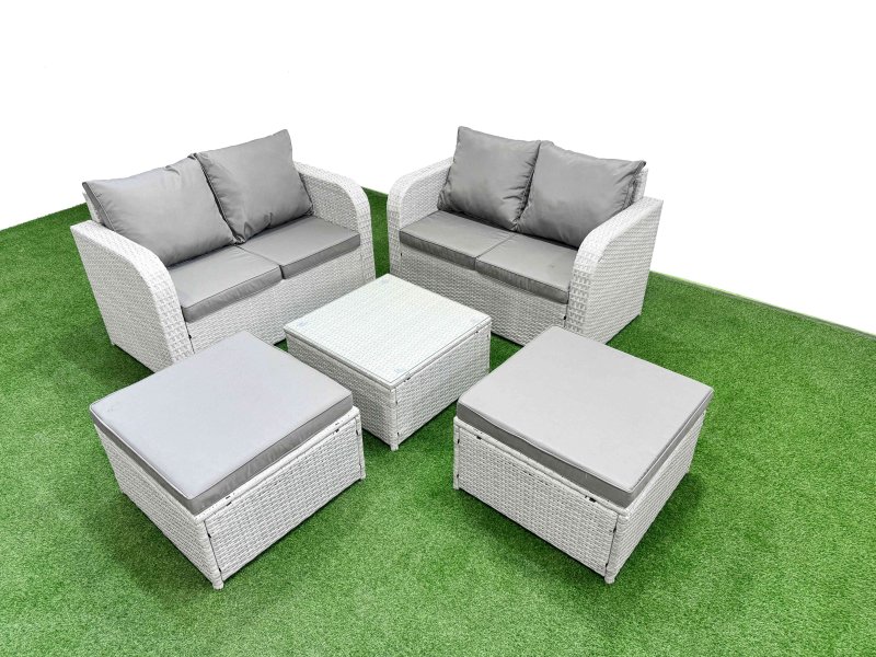 Fimous 6 Seater Outdoor Love Sofa Set Rattan Garden Furniture Set with Square Coffee Table 2 Footstool Light Grey