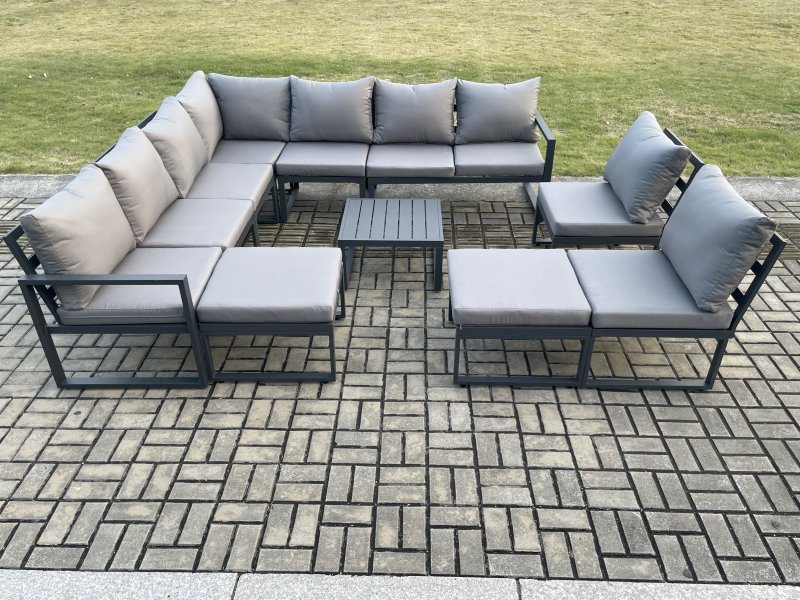 Fimous 11 Seater Patio Outdoor Garden Furniture Aluminium Lounge Corner Sofa Set with Square Coffee Table with 2 Big Footstools Dark Grey