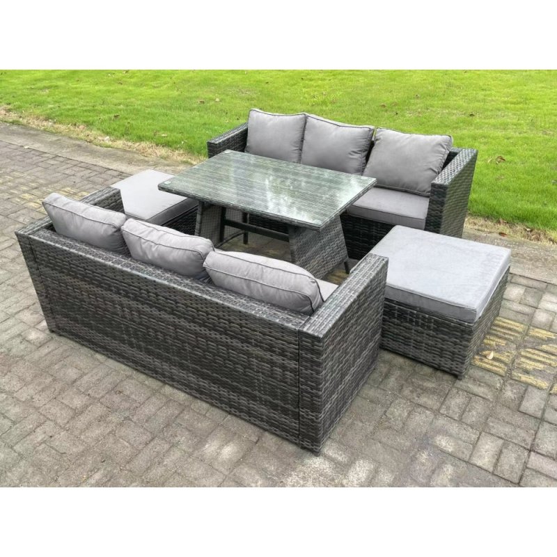 Fimous 7 Seater Rattan Outdoor Furniture Sofa Garden Dining Set with Oblong Dining Table Big Footstool Dark Grey Mixed