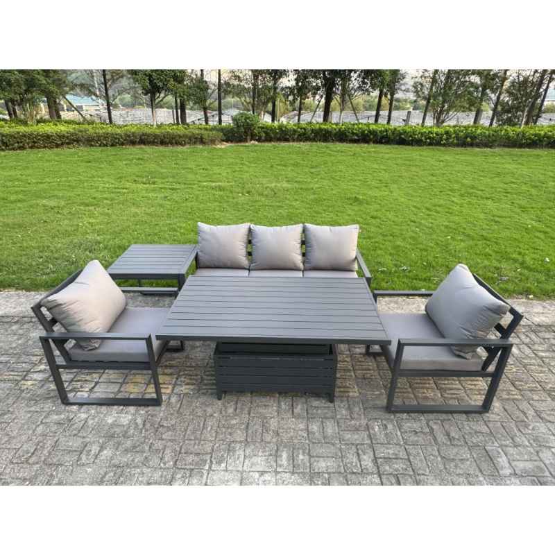 Fimous 4-Piece Aluminium Garden Furniture Sets 5 Seater Outdoor Sofa Set with Adjustable Rising Lifting Dining Table 2 Chairs