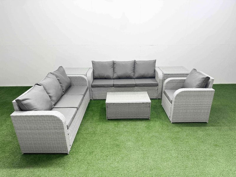 Fimous 7 Seater Poly Rattan Outdoor Garden Furniture Sofa Set Patio 3 Seater Sofa Reclining Chair 3 Seater Sofa 2 Side Table Light Grey