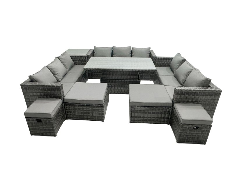 Fimous Rattan Dining Table Sofa Set with Side Table 4 Stools Outdoor 13 Seat Garden Furniture Set Dark Grey Mixed