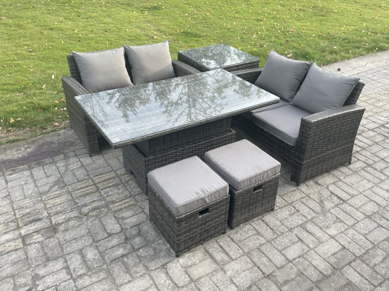 Fimous 6 Pieces Garden Furniture Sets Poly Rattan Outdoor Patio Height Adjustable Rising Lifting Table Sofa Dining Set with Side Table 2 Small Footstools