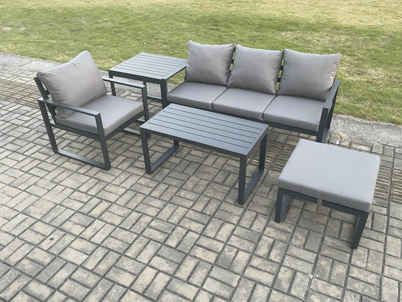 Fimous Aluminium 5 Pieces Garden Furniture Sofa Set with Cushions 5 Seater Outdoor Patio Set with Armchair Big Footstool Side Table Dark Grey