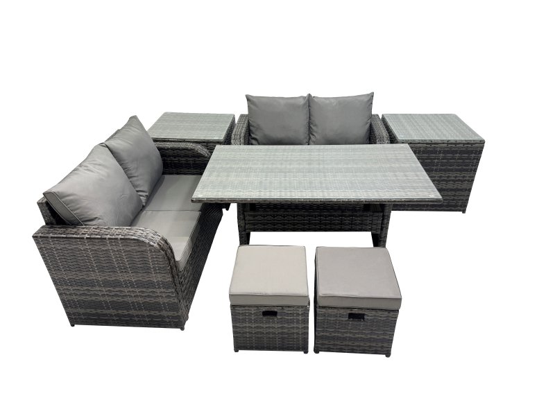 Fimous Wicker PE Rattan Garden Outdoor Furniture Set Love Sofa Dining Table Set with 2 Small Stools 2 Side Tables Dark Grey Mixed
