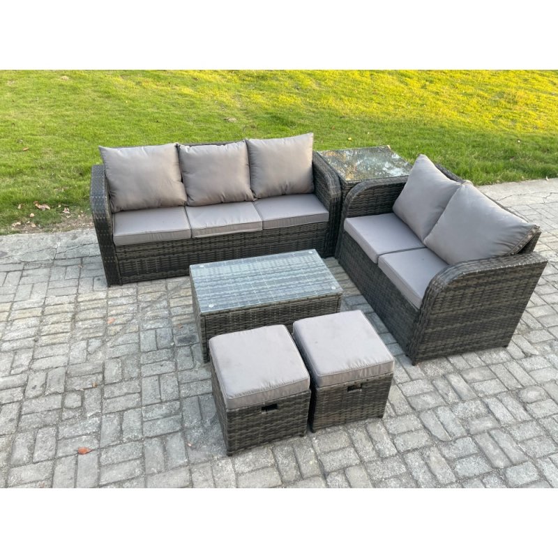 Fimous 7 Seater Rattan Wicker Garden Furniture Patio Conservatory Sofa Set with Rectangular Coffee Table 3 Seater Sofa Love Sofa 2 Small Footstools Side Table