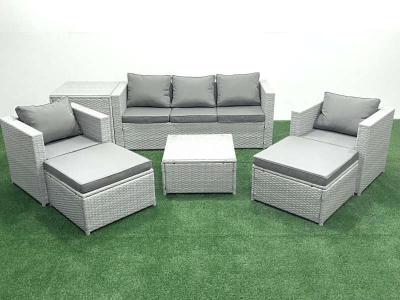 Fimous 7 Seater Rattan Garden Furniture Set with 3 Seater Sofa 2 Chair Square Coffee Table 2 Big Footstools Side Table Light Grey Mixed