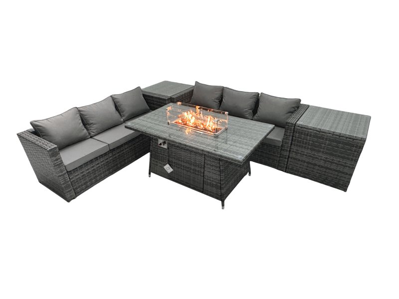 Fimous Rattan Garden Furniture Firepit Dining Set 6 Seater Lounge Sofa Table Set with 2 Side Tables
