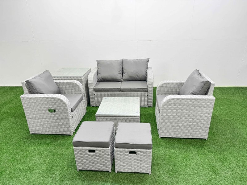 Fimous Light Grey PE Wicker Rattan Garden Furniture Set Sofa Set Reclining Adjustable Chair Square Coffee Table 6 Seater 2 Small Stools Side Table