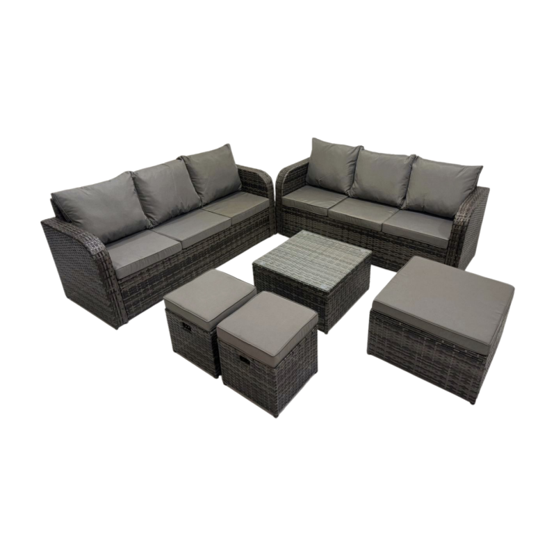 Fimous Rattan Garden Outdoor Furniture Set 3 Seater Sofa Square Coffee Table Set with 3 Stools Dark Grey Mixed
