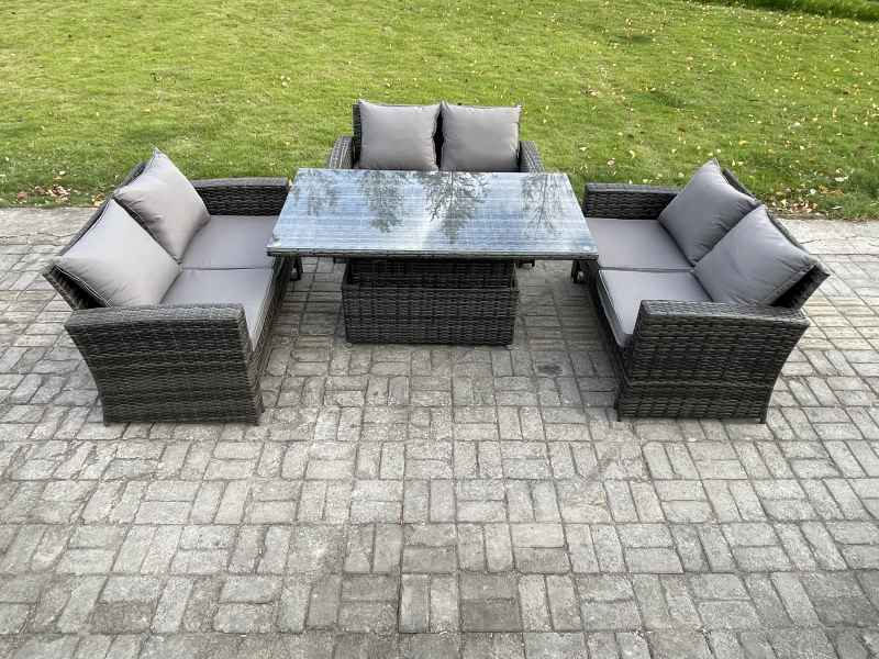 Fimous 6 Seater Rattan Wicker Garden Furniture Patio Conservatory Sofa Set with Height Adjustable Rising Lifting Table Double Seat Sofa