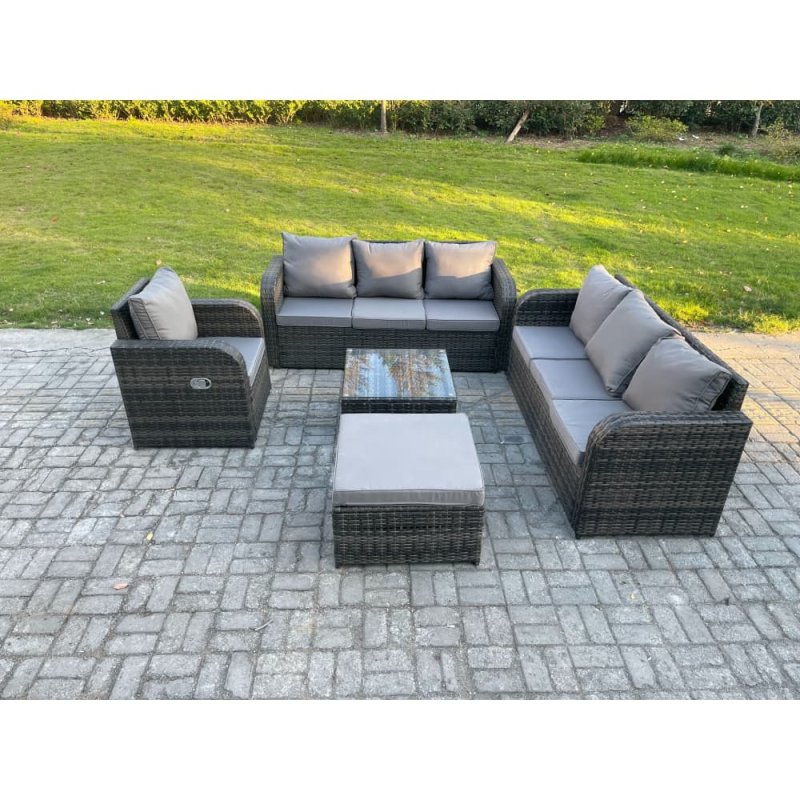 Fimous Outdoor Rattan Garden Furniture Set Conservatory Patio Sofa Coffee Table With Reclining Chair Big Footstool Dark Grey Mixed
