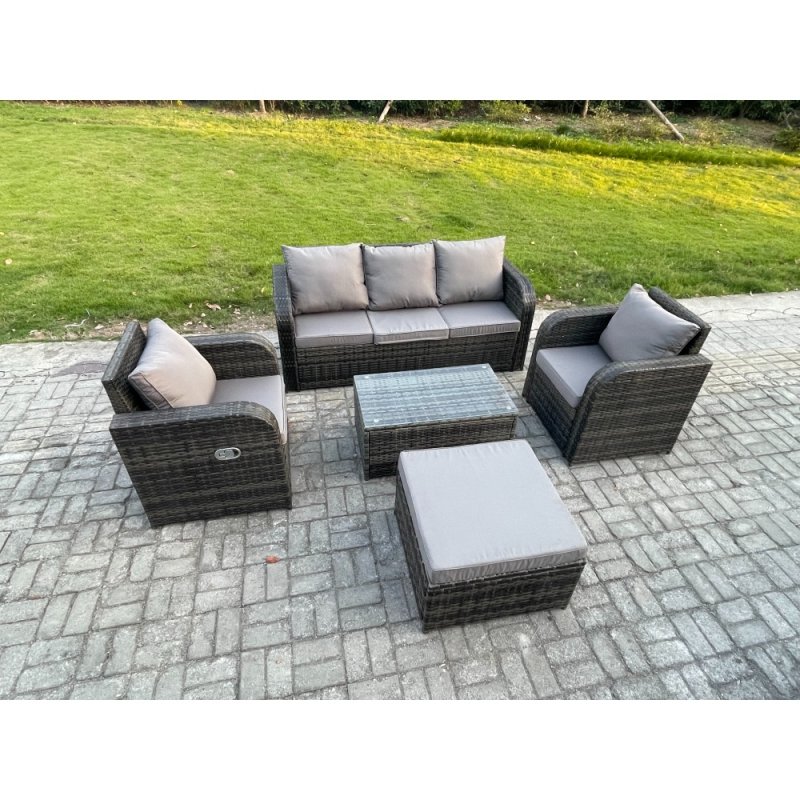Fimous Outdoor Rattan Garden Furniture Set Patio Lounge Sofa Set with Reclining Chair Rectangular Coffee Table Big Footstool Dark Grey Mixed