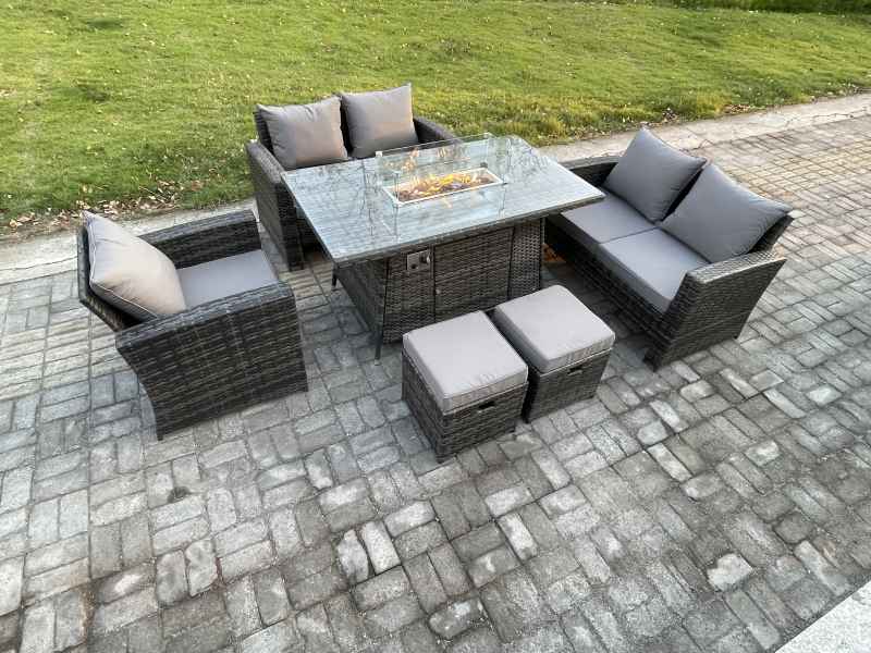 Fimous 7 Seater Rattan Outdoor Garden Furniture Gas Fire Pit Table Sets Gas Heater with Love Sofa Armchair 2 Small Footstools Dark Mixed Grey