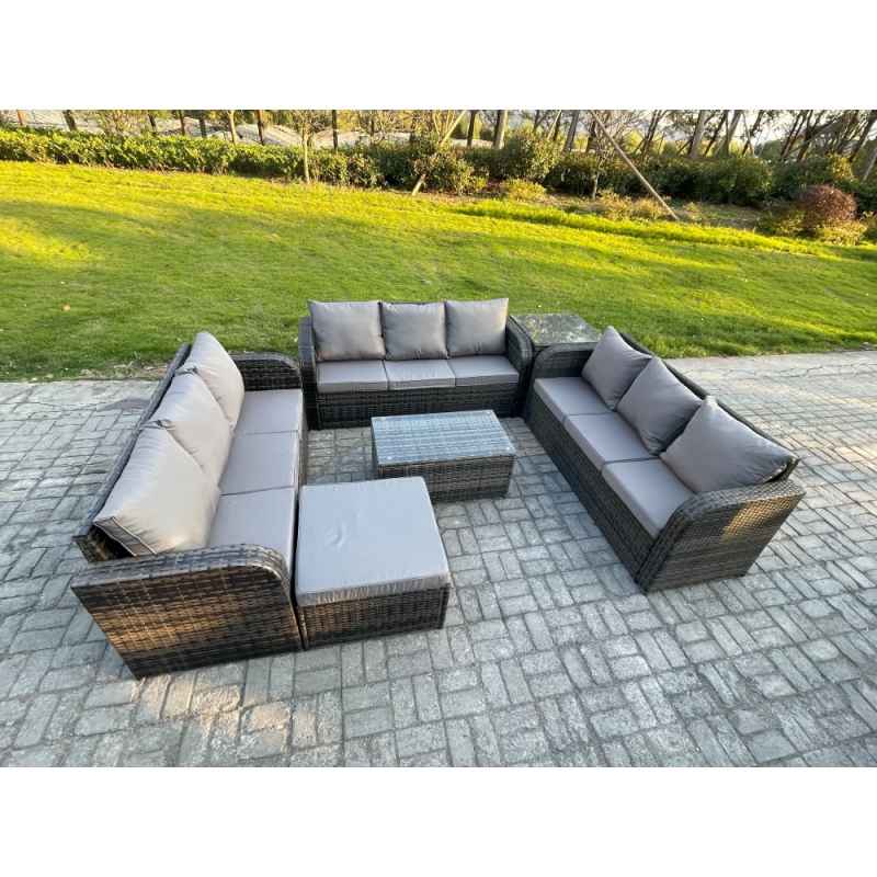 Fimous Rattan Lounge Sofa Set 10 Seater Outdoor Garden Furniture Set with Rectangular Coffee Table 3 Seater Sofa Big Footstool Side Table Dark Grey Mixed